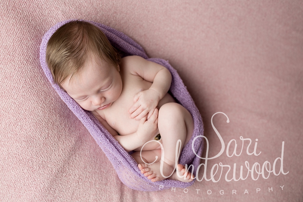 sweet newborn girl in a lavendar wrap